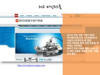 레고 마인드스톰



                              •   레고의 로봇 개발 키트(1998)
                              •   하드웨어(레고)와 소프트웨어(내
                                  셔널인스트루먼츠)의 결합
                              •   프로그래밍을 통해 직접 로봇을 제
                                  작하는 프로젝트
                              •   해커가 프로그램을 해킹→소송 대
                                  신 해킹 내용을 제품에 반영→제품
                                  성능 발전




http://mindstorms.lego.com
 