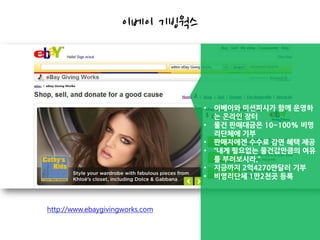 이베이 기빙웍스



                                 •   이베이와 미션피시가 함께 운영하
                                     는 온라인 장터
                                 •   물건 판매대금은 10~100% 비영
                                     리단체에 기부
                                 •   판매자에겐 수수료 감면 혜택 제공
                                 •   “내게 필요없는 물건값만큼의 여유
                                     를 부려보시라.”
                                 •   지금까지 2억4270만달러 기부
                                 •   비영리단체 1만2천곳 등록



http://www.ebaygivingworks.com
 