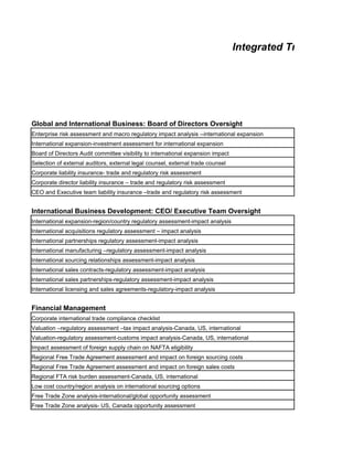 Integrated Trade Complia




                                                                                                   d
                                                                                                   r
                                                                                                oa
                                                                                               B




                                                                                                       C
Global and International Business: Board of Directors Oversight
Enterprise risk assessment and macro regulatory impact analysis --international expansion
International expansion-investment assessment for international expansion
Board of Directors Audit committee visibility to international expansion impact
Selection of external auditors, external legal counsel, external trade counsel
Corporate liability insurance- trade and regulatory risk assessment
Corporate director liability insurance – trade and regulatory risk assessment
CEO and Executive team liability insurance –trade and regulatory risk assessment


International Business Development: CEO/ Executive Team Oversight
International expansion-region/country regulatory assessment-impact analysis
International acquisitions regulatory assessment – impact analysis
International partnerships regulatory assessment-impact analysis
International manufacturing –regulatory assessment-impact analysis
International sourcing relationships assessment-impact analysis
International sales contracts-regulatory assessment-impact analysis
International sales partnerships-regulatory assessment-impact analysis
International licensing and sales agreements-regulatory-impact analysis


Financial Management
Corporate international trade compliance checklist
Valuation –regulatory assessment –tax impact analysis-Canada, US, international
Valuation-regulatory assessment-customs impact analysis-Canada, US, international
Impact assessment of foreign supply chain on NAFTA eligibility
Regional Free Trade Agreement assessment and impact on foreign sourcing costs
Regional Free Trade Agreement assessment and impact on foreign sales costs
Regional FTA risk burden assessment-Canada, US, international
Low cost country/region analysis on international sourcing options
Free Trade Zone analysis-international/global opportunity assessment
Free Trade Zone analysis- US, Canada opportunity assessment
 
