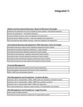 Integrated Trade Complia




                                                                                                 d
                                                                                                 r
                                                                                              oa
                                                                                             B




                                                                                                     C
Global and International Business: Board of Directors Oversight
Enterprise risk assessment and macro regulatory impact analysis --international expansion
Director risk assessment – international expansion
Corporate liability insurance- trade and regulatory risk assessment
Corporate director liability insurance – trade and regulatory risk assessment
CEO and Executive team liability insurance –trade and regulatory risk assessment


International Business Development: CEO/ Executive Team Oversight
International expansion-region/country regulatory assessment-impact analysis
International acquisitions regulatory assessment – impact analysis
International partnerships regulatory assessment-impact analysis
International manufacturing –regulatory assessment-impact analysis
International sales contracts-regulatory assessment-impact analysis
International sales partnerships-regulatory assessment-impact analysis
International licensing and sales agreements-regulatory-impact analysis


Financial Management
Canada/US OGD requirements/enforcement impact assessment
International/global requirements/enforcement impact assessment
CBSA, USBP fines and penalties payment


Risk Management and Compliance: Customs Broker
Assistance with or representation- CBSA, USBP audits and compliance verification reviews
Assistance with or representation- CBSA, USBP fines, penalties, sanctions
Assistance with or representation-CBSA, USBP prior disclosures
New market assessments- regulatory impact analysis, FTA applicability, duty analysis

Risk Management and Compliance: Legal Counsel
Client-Lawyer privilege protection
International business expansion assessment for legal liability impacts
 
