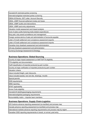 Canada/US restricted parties screening
International/global restricted parties screening
CBSA-US Bonds, GST Letter, Account Security
CBSA, USBP financial settlement duties and taxes
CBSA, USBP audits and interventions
CBSA, USBP post entry adjustments
Valuation model assessment and impact analysis
Cost of sales audits factoring trade-related expenditures
Duty paid, duty saved surveillance and management
Foreign vendors-terms of sale and administration of accounts payable
Letter of Credit settlement and compliance assessment-exports
Letter of Credit settlement and compliance assessment-imports
Canadian duty drawback assessment and administration
US duty drawback assessment and administration
Currency Exchange Assessment & Strategy


Business Operations: Global Sourcing
Country of origin impact assessment on NAFTA/FTA eligibility
FTA eligibility and documentation
Tariff classification of imported products by part number
Country of origin verification of imported products by part number
Valuation criteria
Value included-freight, cash discounts,
Value included-assists, tool and die, drawings, moulds
Special permits
OGD requirements
SIMA reporting
DFAIT applicability
Annex Code eligibility
Canada/US labelling/packaging requirements
International/global packaging requirements
Accountability matrix – importer team members

Business Operations: Supply Chain-Logistics
US Customs advance reporting assessment (e-manifest) and process map
Canada advance reporting assessment (e-manifest) and process map
International markets advance reporting requirements and process map by region
Canadian OGD reporting requirements-in transit, on arrival, post entry
 