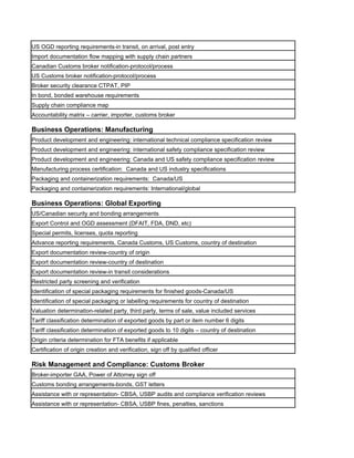 US OGD reporting requirements-in transit, on arrival, post entry
Import documentation flow mapping with supply chain partners
Canadian Customs broker notification-protocol/process
US Customs broker notification-protocol/process
Broker security clearance CTPAT, PIP
In bond, bonded warehouse requirements
Supply chain compliance map
Accountability matrix – carrier, importer, customs broker

Business Operations: Manufacturing
Product development and engineering: international technical compliance specification review
Product development and engineering: international safety compliance specification review
Product development and engineering: Canada and US safety compliance specification review
Manufacturing process certification: Canada and US industry specifications
Packaging and containerization requirements: Canada/US
Packaging and containerization requirements: International/global

Business Operations: Global Exporting
US/Canadian security and bonding arrangements
Export Control and OGD assessment (DFAIT, FDA, DND, etc)
Special permits, licenses, quota reporting
Advance reporting requirements, Canada Customs, US Customs, country of destination
Export documentation review-country of origin
Export documentation review-country of destination
Export documentation review-in transit considerations
Restricted party screening and verification
Identification of special packaging requirements for finished goods-Canada/US
Identification of special packaging or labelling requirements for country of destination
Valuation determination-related party, third party, terms of sale, value included services
Tariff classification determination of exported goods by part or item number 6 digits
Tariff classification determination of exported goods to 10 digits – country of destination
Origin criteria determination for FTA benefits if applicable
Certification of origin creation and verification, sign off by qualified officer

Risk Management and Compliance: Customs Broker
Broker-importer GAA, Power of Attorney sign off
Customs bonding arrangements-bonds, GST letters
Assistance with or representation- CBSA, USBP audits and compliance verification reviews
Assistance with or representation- CBSA, USBP fines, penalties, sanctions
 