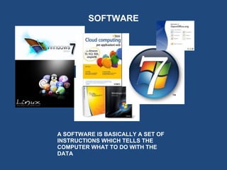 SOFTWARE




A SOFTWARE IS BASICALLY A SET OF
INSTRUCTIONS WHICH TELLS THE
COMPUTER WHAT TO DO WITH THE
DATA
 