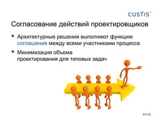 Согласование действий проектировщиков



Архитектурные решения выполняют функцию
соглашения между всеми участниками процесса



Минимизация объема
проектирования для типовых задач

47/110

 