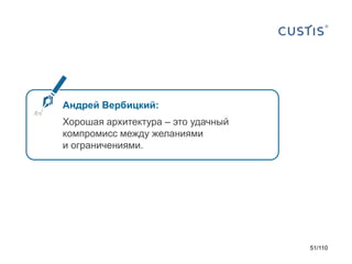 Андрей Вербицкий:
Хорошая архитектура – это удачный
компромисс между желаниями
и ограничениями.

51/110

 