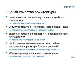 Оценка качества архитектуры


Не отражает актуальное внутреннее устройство
приложения
Не работает как модель приложения



Структура модулей – «поперек» возникающих задач
Не помогает декомпозировать большие задачи



Внесение изменений приводит к непредсказуемым
последствиям
Не помогает локализовать изменения



Необходимые изменения в системе требуют
постоянного пересмотра базовых решений
Не обеспечивает минимизацию пересмотра решений



«Разношерстные» решения типовых задач
Не выполняет функцию координации

59/110

 
