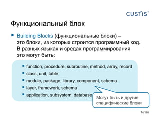 Функциональный блок



Building Blocks (функциональные блоки) –
это блоки, из которых строится программный код.
В разных языках и средах программирования
это могут быть:

 function, procedure, subroutine, method, array, record
 class, unit, table
 module, package, library, component, schema
 layer, framework, schema
 application, subsystem, database Могут быть и другие
специфические блоки
74/110

 