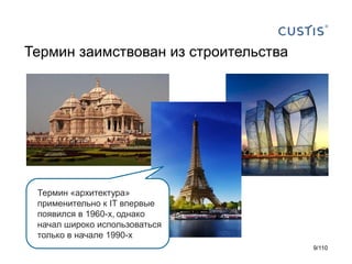 Термин заимствован из строительства

Термин «архитектура»
применительно к IT впервые
появился в 1960-х, однако
начал широко использоваться
только в начале 1990-х
9/110

 