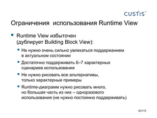 Ограничения использования Runtime View



Runtime View избыточен
(дублирует Building Block View):

 Не нужно очень сильно увлекаться поддержанием
в актуальном состоянии

 Достаточно поддерживать 6–7 характерных
сценариев использования

 Не нужно рисовать все альтернативы,
только характерные примеры

 Runtime-диаграмм нужно рисовать много,
но большая часть из них – одноразового
использования (не нужно постоянно поддерживать)
93/110

 