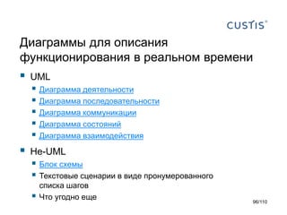 Диаграммы для описания
функционирования в реальном времени



UML



Не-UML

 Диаграмма деятельности
 Диаграмма последовательности
 Диаграмма коммуникации
 Диаграмма состояний
 Диаграмма взаимодействия
 Блок схемы
 Текстовые сценарии в виде пронумерованного


списка шагов
Что угодно еще

96/110

 