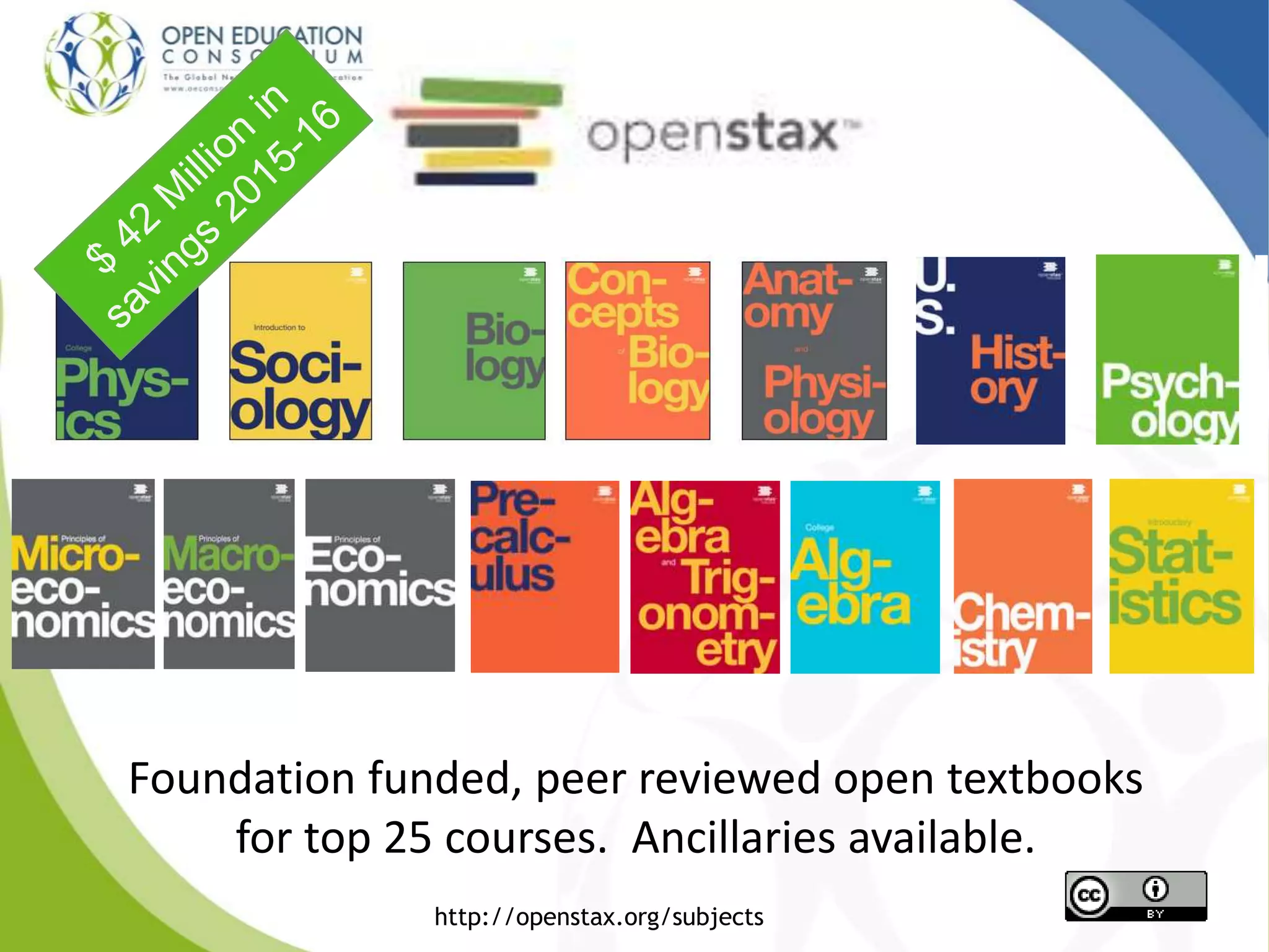 $13 MILLION+ SAVED!
http://openstax.org/subjects
Foundation funded, peer reviewed open textbooks
for top 25 courses. Ancillaries available.
 