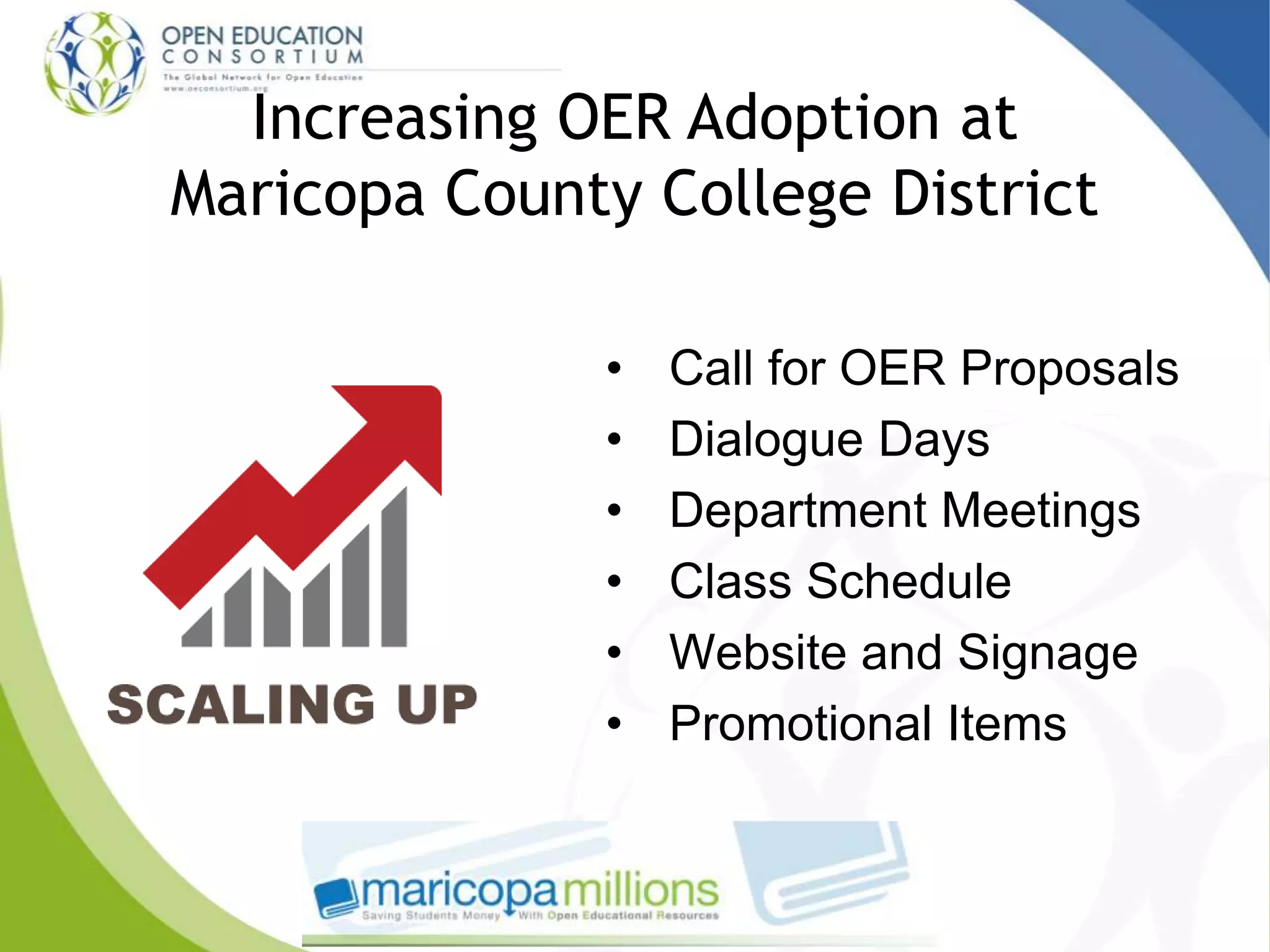 Increasing OER Adoption at
Maricopa County College District
• Call for OER Proposals
• Dialogue Days
• Department Meetings
• Class Schedule
• Website and Signage
• Promotional Items
 