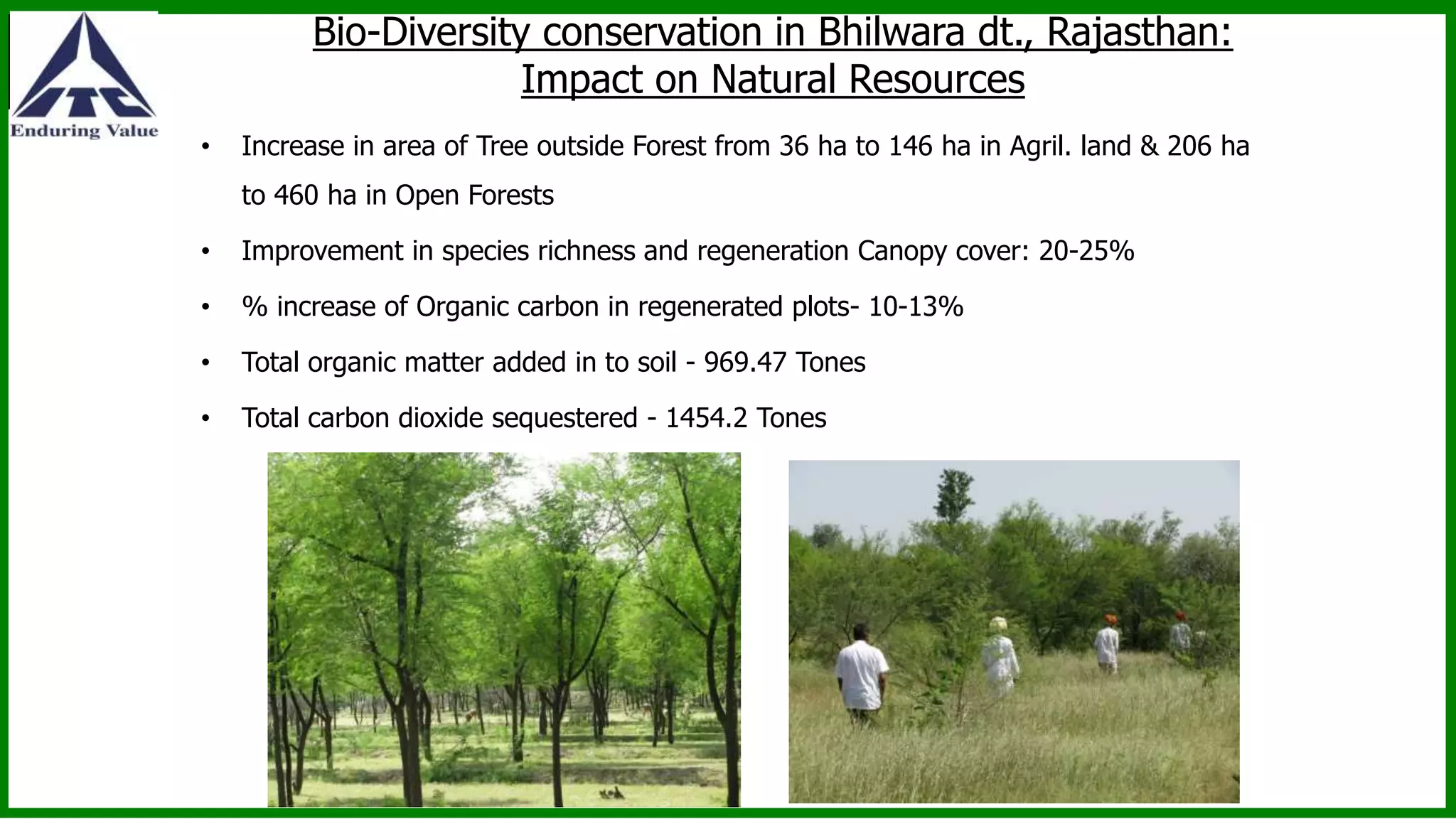 Bio-Diversity conservation in Bhilwara dt., Rajasthan:
Impact on Natural Resources
• Increase in area of Tree outside Forest from 36 ha to 146 ha in Agril. land & 206 ha
to 460 ha in Open Forests
• Improvement in species richness and regeneration Canopy cover: 20-25%
• % increase of Organic carbon in regenerated plots- 10-13%
• Total organic matter added in to soil - 969.47 Tones
• Total carbon dioxide sequestered - 1454.2 Tones
 
