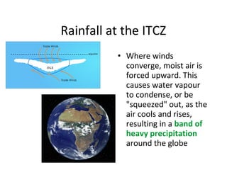 Rainfall at the ITCZ
• Where winds
converge, moist air is
forced upward. This
causes water vapour
to condense, or be
"squeezed" out, as the
air cools and rises,
resulting in a band of
heavy precipitation
around the globe
 