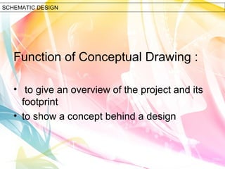 SCHEMATIC DESIGN 
Function of Conceptual Drawing : 
• to give an overview of the project and its 
footprint 
• to show a concept behind a design 
 
