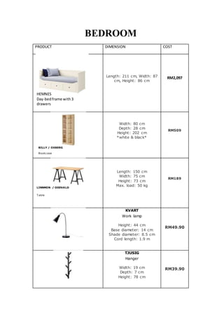 BEDROOM
PRODUCT DIMENSION COST
Length: 211 cm, Width: 87
cm, Height: 86 cm
RM2,097
Width: 80 cm
Depth: 28 cm
Height: 202 cm
*white & black*
RM509
Length: 150 cm
Width: 75 cm
Height: 73 cm
Max. load: 50 kg
RM189
KVART
Work lamp
Height: 44 cm
Base diameter: 14 cm
Shade diameter: 8.5 cm
Cord length: 1.9 m
RM49.90
TJUSIG
Hanger
Width: 19 cm
Depth: 7 cm
Height: 78 cm
RM39.90
HEMNES
Day-bedframe with3
drawers
BILLY / OXBERG
Bookcase
LINNMON / ODDVALD
T able
 