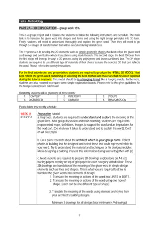 2
Tasks - Methodology
PART 2A – 3D EXPLORATION – group work 15%
This is a group project and it requires the students to follow the following instructions and schedule. The main
task is to translate the given word into shapes and forms and using the right design principles into 3D form.
Firstly, students will need to understand thoroughly and explore the given word. Then they will need to go
through 3-4 stages of transformation that will be executed during tutorial class.
The 1st process is to develop the 2D elements such as simple geometric shapes that best reflect the given word
as drawings and eventually extrude it as planes using model boards. The second stage, the best 2D ideas from
the first stage will then go through a 3D process using dry polystyrene and brown cardboard box. The 3rd stage
students are required to use different type of materials of their choice to make the selected 3D that best reflects
the word. Please refer to the weekly instructions.
For the final submission and presentation, students are required to produce the “FINAL 3D MODEL” that
best reflect the given word combining or selecting the best method and materials that has been explored
during the tutorial sessions. This model should be in a hanging format like a hanging mobile. Furthermore,
students are also required to prepare some simple explanation boards. Please refer to the given guidelines for
the final presentation and submission.
Randomly students will be given one of these words;
1. CONVERT 2. INTENSIFY 3. EVOLVE
4. DISTURBED 5. DIMINISH 6. TRANSMISSION
Please follow this weekly schedule;
WEEK 11
8/12 & 9/12
Preparation -tutorial
a. In groups, students are required to understand and explore the meaning of the
given word. After group discussion and brain storming, students are required to
prepare mind maps, definitions, images to support the word and as inspirations for
the next part. (Do whatever it takes to understand and to explain the word). Do it
on A4 size paper
b. Do a quick research about the architect which is your group name. Collect
photos of building that he designed and select those that could represent/relate to
your word. Try to understand the material and techniques or his design principles
when designing a building. Present this information during tutorial together with (a)
c. Next students are required to prepare 2D drawings explorations on A4 size
tracing papers overlay on top of grid paper for each category stated below. These
2D drawings are translation of the meaning of the given word in simple design
elements such as lines and shapes. This is what you are required to draw to
translate the given words into elements of design;
1. Translate the meaning or actions of the word into LINES or DOTS
2. Translate the meaning or actions of the word using one type of
shape. (each can be one different type of shape)
3. Translate the meaning of the words using element and styles from
your architect’s building designs.
Minimum 3 drawings for all design (total minimum is 9 drawings)
 