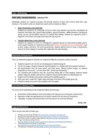 8
Tasks - Methodology
PART 2B(i) – DESIGN PROCESS – Individual 10%
Individually, students are required to prepare and develop sketches of ideas and research about their Lego
miniatures. The student’s tasks are divided into 2 parts and are detailed as follows;
1. INVESTIGATION & EXPLORATION
Students are required to do a thorough research on their Lego miniature toy character and tabulate all
important information (toy characters/personalities, physical attributes, abilities/weakness background
history, toy size and description and etc) To conclude their findings, students are required to create a
Magazine Cover (hard cover page) that feature the toy character.
2. TRANSFORMATION & EXPLORATION
Students are required to select 2-3 verb/adjective keywords (based on character/personality) and for
each keyword students are required to transform and translate it to design elements and principles such
as lines, shapes and forms. For each key word ideas, students will then have to create a 2d geometric
abstract art work (collage) to conclude their exploration and understanding.
Submission & Requirements
This is an individual assignment. Students are required to follow the instructions stated in this brief:
 Students required to do it on A3 size drawing papers (minimum page 5)
 The A3 size papers should be binded or attached together as a booklet with front and back hardcover.
 All documentation must be hand written and hand drawn. Minimal printed images are allowed
(inspiration or references) – not more than 20% - Architecture handwriting
 The submitted work should be more like visual note taking style or mind mapping. Students should
produce diagrams, doodles and sketches. Students may use pencil colours or coloured pens etc.
 Student must SCAN their work before submission for portfolio purposes.
 Write your name, student ID, Taylor’s logo and intake at the back of the booklet (print out)
 Student to attach assessment sheet together with the booklet
Assessment & Marking Criteria
The assessment and marking for this assignment will be based on your:
 Demonstrate understanding of each task & clarity of the idea process (meeting the requirements)
 Importance, depth and appropriateness of content related to the toy character (substance)
 Originality, creativity and workmanship of the final outcome of each task (delivery)
TOTAL 10%
Suggested References
These are just some links to inspire you;
1. All about Learning. Design Thinking https://www.youtube.com/watch?v=3sOeSkTUTA0
2. Architectural Concept & Design Process https://www.youtube.com/watch?v=aPUzUXfGWBQ
3. DISCOVER DESIGN: A Student Design Experience http://discoverdesign.org/design/process
4. 5 Types of Architecture Design Process
http://www.slideshare.net/dotm/5-type-of-architecture-design-process-by-wanmuhammad?related=1
5. Generating Architectural Concepts & Design Ideas
http://www.slideshare.net/dotm/generating-architectural-concepts-design-ideas
6. The Importance of Diagrams http://blog.buildllc.com/2011/02/the-importance-of-diagrams/
 