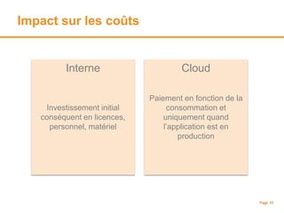 Impact sur les coûts
Page 10
Interne
Investissement initial
conséquent en licences,
personnel, matériel
Cloud
Paiement en fonction de la
consommation et
uniquement quand
l’application est en
production
 