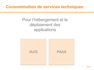 Consommation de services techniques
Page 9
Pour l’hébergement et le
déploiement des
applications
IAAS PAAS
 