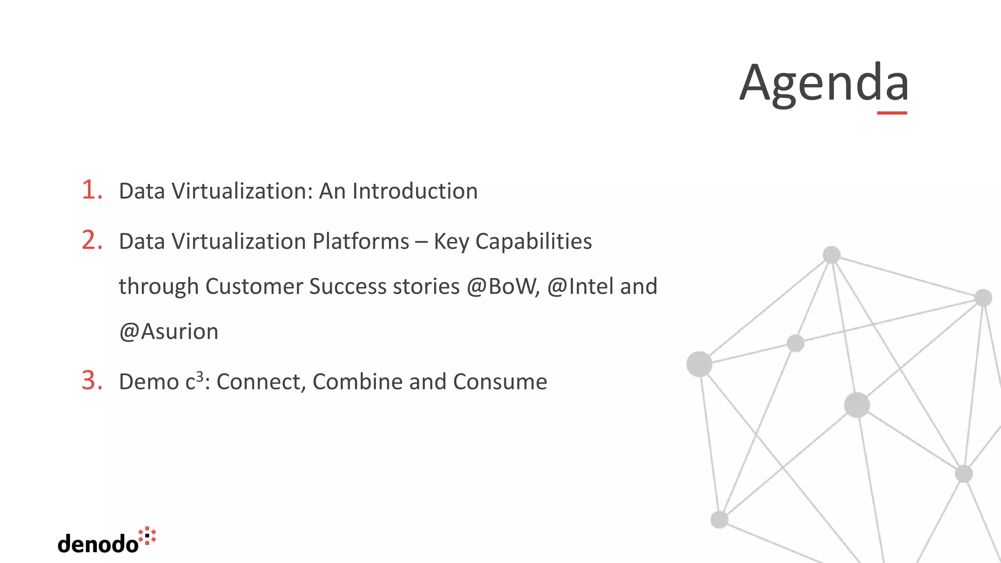 Agenda
1. Data Virtualization: An Introduction
2. Data Virtualization Platforms – Key Capabilities
through Customer Success stories @BoW, @Intel and
@Asurion
3. Demo c3: Connect, Combine and Consume
 