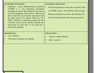 TECHNIQUE DEFNITION:-
• Ciphertext - policy attribute-based encryption
(CPABE) is a very promising encryption
technique for secure data sharing in the context
of cloud computing. Data owner is allowed to
fully control the access policy associated with
his data which to be shared. However, CP-
ABE is limited to a potential security risk that
is known as key escrow problem whereby the
secret keys of users have to be issued by a
trusted key authority.
TECHNIQUE DEFNITION:-
• We note that there are some other research works
on CPABE, such as Nevertheless, they leverage
different techniques to achieve data sharing. We
will not compare them with our present system.
DRAWBACKS:-
• Low resilience
• Cloud data Corrupted by malware
ADVANTAGES:-
 Achieve a high resilience
 Data is secured
 