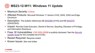 Copyright © 2023 Ivanti. All rights reserved.
MS23-12-W11: Windows 11 Update
§ Maximum Severity: Critical
§ Affected Products: Microsoft Windows 11 Version 21H2, 22H2, 23H2 and Edge
Chromium
§ Description: This bulletin references KB 5033369 (21H2) and KB 5033375
(22H2/23H2).
§ Impact: Remote Code Execution, Denial of Service, Spoofing, Elevation of Privilege,
and Information Disclosure
§ Fixes 18 Vulnerabilities: CVE-2023-20588 is publicly disclosed. See the Security
Update Guide for the complete list of CVEs.
§ Restart Required: Requires restart
§ Known Issues: See next slides
 
