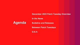 Agenda
December 2023 Patch Tuesday Overview
In the News
Bulletins and Releases
Between Patch Tuesdays
Q & A
 