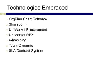 Technologies Embraced
108


         OrgPlus Chart Software
         Sharepoint
         UniMarket Procurement
         UniMarket RFX
         e-Invoicing
         Team Dynamix
         SLA Contract System
 