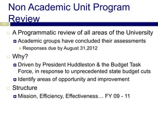 Non Academic Unit Program
121
      Review
         A Programmatic review of all areas of the University
             Academic groups have concluded their assessments
                 Responses due by August 31,2012
         Why?
           Driven by President Huddleston & the Budget Task
            Force, in response to unprecedented state budget cuts
           Identify areas of opportunity and improvement

         Structure
             Mission, Efficiency, Effectiveness… FY 09 - 11
 