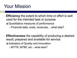 Your Mission
123


         Efficiency the extent to which time or effort is well
          used for the intended task or purpose
             Quantitative measures of performance
               Financial data; costs, revenues… what else?



         Effectiveness the capability of producing a desired
          result; prepared and available for service.
             Indicators of Quality and Innovation
                MTTR, MTBF, etc…what else?
 