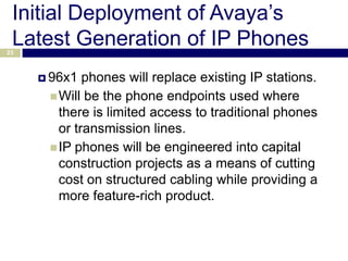 Initial Deployment of Avaya’s
 Latest Generation of IP Phones
23



      96x1  phones will replace existing IP stations.
       Will be the phone endpoints used where
        there is limited access to traditional phones
        or transmission lines.
       IP phones will be engineered into capital
        construction projects as a means of cutting
        cost on structured cabling while providing a
        more feature-rich product.
 