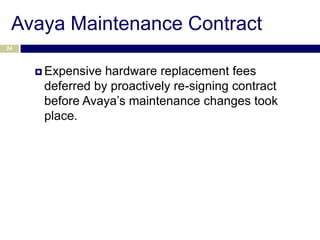 Avaya Maintenance Contract
24



      Expensive hardware replacement fees
      deferred by proactively re-signing contract
      before Avaya’s maintenance changes took
      place.
 