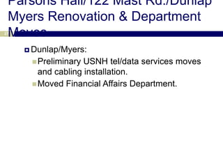 Parsons Hall/122 Mast Rd./Dunlap
 Myers Renovation & Department
 Moves
27



      Dunlap/Myers:
       Preliminary USNH tel/data services moves
        and cabling installation.
       Moved Financial Affairs Department.
 