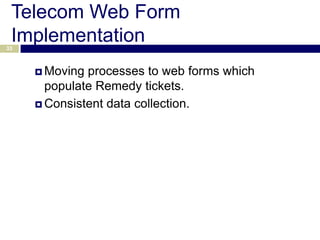 Telecom Web Form
 Implementation
33



      Moving processes to web forms which
       populate Remedy tickets.
      Consistent data collection.
 