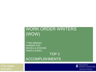 WORK ORDER WRITERS
                (WOW)
                **TINA SBRIZZA
                NORMAN FIZZ
                MICHELLE MCKONE
                ANGELA ENGEL
                          TOP 3
                ACCOMPLISHMENTS
IT for Higher
Education
 