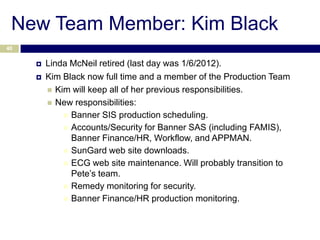 New Team Member: Kim Black
40


        Linda McNeil retired (last day was 1/6/2012).
        Kim Black now full time and a member of the Production Team
          Kim will keep all of her previous responsibilities.
          New responsibilities:
              Banner SIS production scheduling.
              Accounts/Security for Banner SAS (including FAMIS),
               Banner Finance/HR, Workflow, and APPMAN.
              SunGard web site downloads.
              ECG web site maintenance. Will probably transition to
               Pete’s team.
              Remedy monitoring for security.
              Banner Finance/HR production monitoring.
 