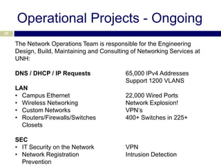 Operational Projects - Ongoing
50


     The Network Operations Team is responsible for the Engineering
     Design, Build, Maintaining and Consulting of Networking Services at
     UNH:

     DNS / DHCP / IP Requests                65,000 IPv4 Addresses
                                             Support 1200 VLANS
     LAN
     • Campus Ethernet                       22,000 Wired Ports
     • Wireless Networking                   Network Explosion!
     • Custom Networks                       VPN’s
     • Routers/Firewalls/Switches            400+ Switches in 225+
       Closets

     SEC
     • IT Security on the Network            VPN
     • Network Registration                  Intrusion Detection
       Prevention
 