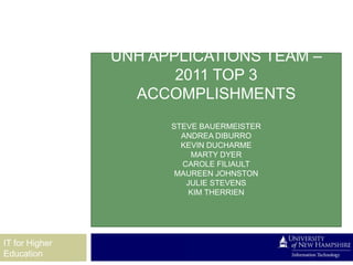 UNH APPLICATIONS TEAM –
                       2011 TOP 3
                  ACCOMPLISHMENTS
                      STEVE BAUERMEISTER
                        ANDREA DIBURRO
                        KEVIN DUCHARME
                          MARTY DYER
                        CAROLE FILIAULT
                       MAUREEN JOHNSTON
                         JULIE STEVENS
                          KIM THERRIEN




IT for Higher
Education
 