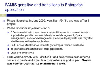 FAMIS goes live and transitions to Enterprise
     application
61


     Phase I launched in June 2009, went live 1/24/11, and was a Tier 5
      project.
     Phase I included implementation of
         3 Famis modules in a new, enterprise architecture, in a current, vendor-
          supported application version: Maintenance Management, Space
          Management, Inventory Management. Selective legacy data was migrated
          into the new, enterprise application.
         Self Service Maintenance requests (for campus resident students).
         11 interfaces and a handful of stop-gap reports.
         SSO for Famis forms
     ECG worked closely with Facilities IT and several business process
      owners to create and execute a comprehensive go-live plan. Go-live
      was very smooth thanks to all the hard work!
 