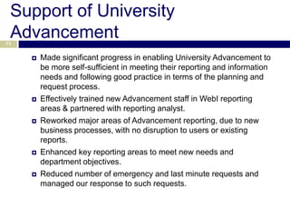 Support of University
 Advancement
71


        Made significant progress in enabling University Advancement to
         be more self-sufficient in meeting their reporting and information
         needs and following good practice in terms of the planning and
         request process.
        Effectively trained new Advancement staff in WebI reporting
         areas & partnered with reporting analyst.
        Reworked major areas of Advancement reporting, due to new
         business processes, with no disruption to users or existing
         reports.
        Enhanced key reporting areas to meet new needs and
         department objectives.
        Reduced number of emergency and last minute requests and
         managed our response to such requests.
 