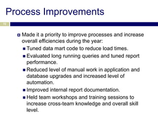 Process Improvements
72



        Made it a priority to improve processes and increase
         overall efficiencies during the year:
          Tuned data mart code to reduce load times.
          Evaluated long running queries and tuned report
           performance.
          Reduced level of manual work in application and
           database upgrades and increased level of
           automation.
          Improved internal report documentation.
          Held team workshops and training sessions to
           increase cross-team knowledge and overall skill
           level.
 