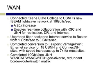 WAN
   Connected Keene State College to USNH’s new
    IBEAM lightwave network at 10Gbits/sec
      A 20x increase
      Enables real-time collaboration with KSC and
       UNH for replication, DR, and Internet.
   Upgraded fiber backbone Internet service to Boston
    from 1 Gbits/sec to 3 Gbits/sec.
   Completed conversion to Fairpoint VantagePoint
    Ethernet service for 18 USNH and ConnectNH
    sites, with speed increases up to 7x for most sites.
   Completed 10Gbit/sec UNH
    WANCAT/WANSWITCH geo-diverse, redundant
    border-router/switch matrix.
 
