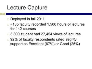 Lecture Capture
87


        Deployed in fall 2011
        ~135 faculty recorded 1,500 hours of lectures
         for 142 courses
        3,300 student had 27,454 views of lectures
        92% of faculty respondents rated Tegrity
         support as Excellent (67%) or Good (25%)
 