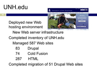 UNH.edu
93




     Deployed new Web
     hosting environment
       New Web server infrastructure
     Completed inventory of UNH.edu
       Managed 587 Web sites
         83     Drupal
         74     Cold Fusion
         287    HTML
     Completed migration of 51 Drupal Web sites
 