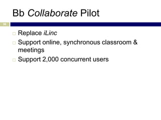 Bb Collaborate Pilot
96


        Replace iLinc
        Support online, synchronous classroom &
         meetings
        Support 2,000 concurrent users
 
