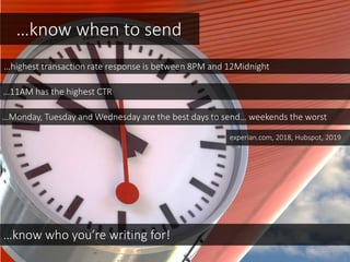 …know when to send
…highest transaction rate response is between 8PM and 12Midnight
…11AM has the highest CTR
…Monday, Tuesday and Wednesday are the best days to send… weekends the worst
…know who you’re writing for!
experian.com, 2018, Hubspot, 2019
 
