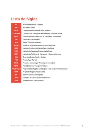 Sistema Via Livre de BRT: Avaliação de resultados e recomendações de melhorias | ITDP Brasil, 2017 5
Lista de Siglas
Automated Vehicle Location
Bus Rapid Transit
Companhia Brasileira de Trens Urbanos
Consórcio de Transporte Metropolitano – Grande Recife
Desenvolvimento Orientado ao Transporte Sustentável
Fundação João Pinheiro
Global Positioning System
Índice de Desenvolvimento Humano Municipal
Instituto Brasileiro de Geografia e Estatística
Instituto de Pesquisa Econômica Aplicada
Instituto de Políticas de Transporte e Desenvolvimento
Organização das Nações Unidas
People Near Transit
Pesquisa Nacional por Amostra de Domicílios
Plano Diretor de Transporte Urbano
Programa das Nações Unidas para o Desenvolvimento no Brasil
Região Metropolitana do Recife
Sistema Estrutural Integrado
Unidades de Desenvolvimento Humano
Vale Eletrônico Metropolitano
AVL
BRT
CBTU
CTM-RMR
DOTS
FJP
GPS
IDH-M
IBGE
IPEA
ITDP
ONU
PNT
PNAD
PDTU
PNUD Brasil
RMR
SEI
UDH
VEM
 