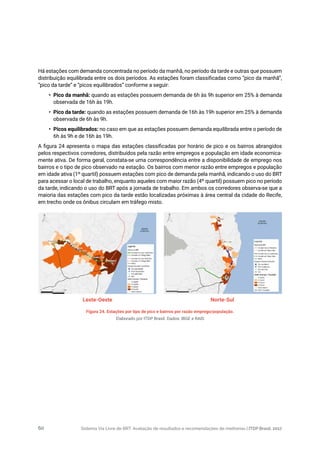 Sistema Via Livre de BRT: Avaliação de resultados e recomendações de melhorias | ITDP Brasil, 201760
Há estações com demanda concentrada no período da manhã, no período da tarde e outras que possuem
distribuição equilibrada entre os dois períodos. As estações foram classificadas como “pico da manhã”,
“pico da tarde” e “picos equilibrados” conforme a seguir:
•	 Pico da manhã: quando as estações possuem demanda de 6h às 9h superior em 25% à demanda
observada de 16h às 19h.
•	 Pico da tarde: quando as estações possuem demanda de 16h às 19h superior em 25% à demanda
observada de 6h às 9h.
•	 Picos equilibrados: no caso em que as estações possuem demanda equilibrada entre o período de
6h às 9h e de 16h às 19h.
A figura 24 apresenta o mapa das estações classificadas por horário de pico e os bairros abrangidos
pelos respectivos corredores, distribuídos pela razão entre empregos e população em idade economica-
mente ativa. De forma geral, constata-se uma correspondência entre a disponibilidade de emprego nos
bairros e o tipo de pico observado na estação. Os bairros com menor razão entre empregos e população
em idade ativa (1º quartil) possuem estações com pico de demanda pela manhã, indicando o uso do BRT
para acessar o local de trabalho, enquanto aqueles com maior razão (4º quartil) possuem pico no período
da tarde, indicando o uso do BRT após a jornada de trabalho. Em ambos os corredores observa-se que a
maioria das estações com pico da tarde estão localizadas próximas à área central da cidade do Recife,
em trecho onde os ônibus circulam em tráfego misto.
Figura 24. Estações por tipo de pico e bairros por razão emprego/população.
Elaborado por ITDP Brasil. Dados: IBGE e RAIS
Leste-Oeste Norte-Sul
 