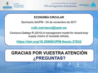 ECONOMÍA CIRCULAR
Seminario itdUPM - 24 de noviembre de 2017
ruth.carrasco@upm.es
Carrasco-Gallego R (2010) A management m...